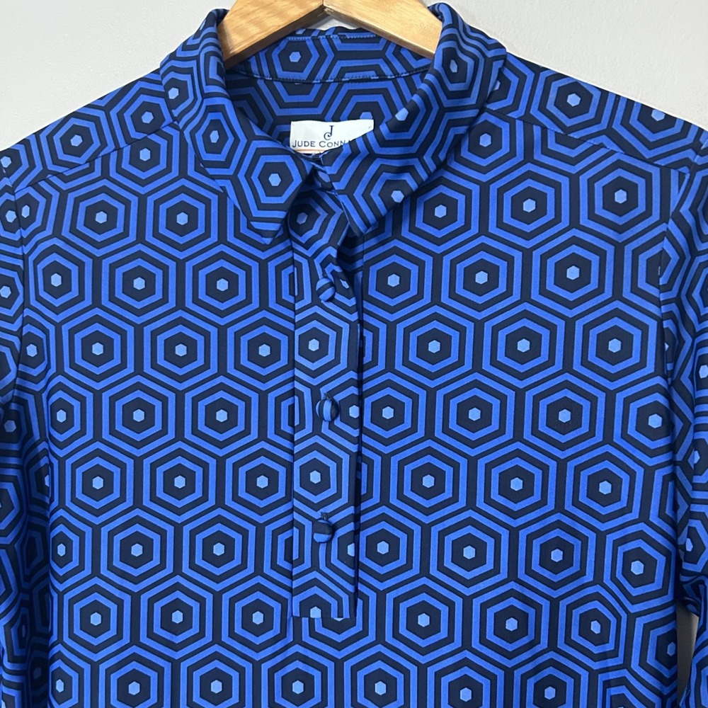 Jude Connally Dress Womens XL Blue Geometric Hexagon 3/4 Sleeve Shift Stretch